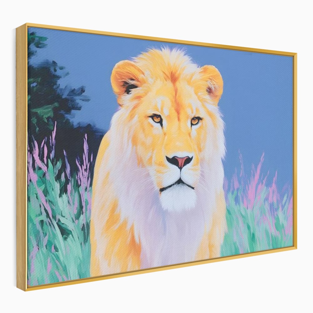 Tablou canvas cu tablou canvas cu pictura de leu, in rama de aluminiu auriu